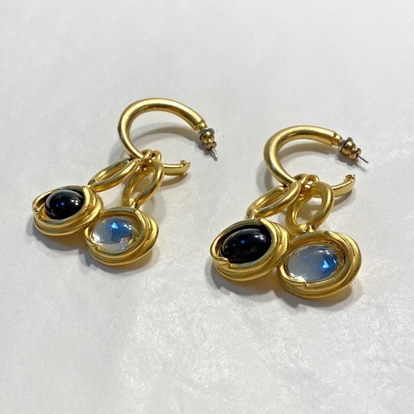 Mod goldtone pierced earrings drop dangle hoops rich black & white designer chic - Picture 2 of 5